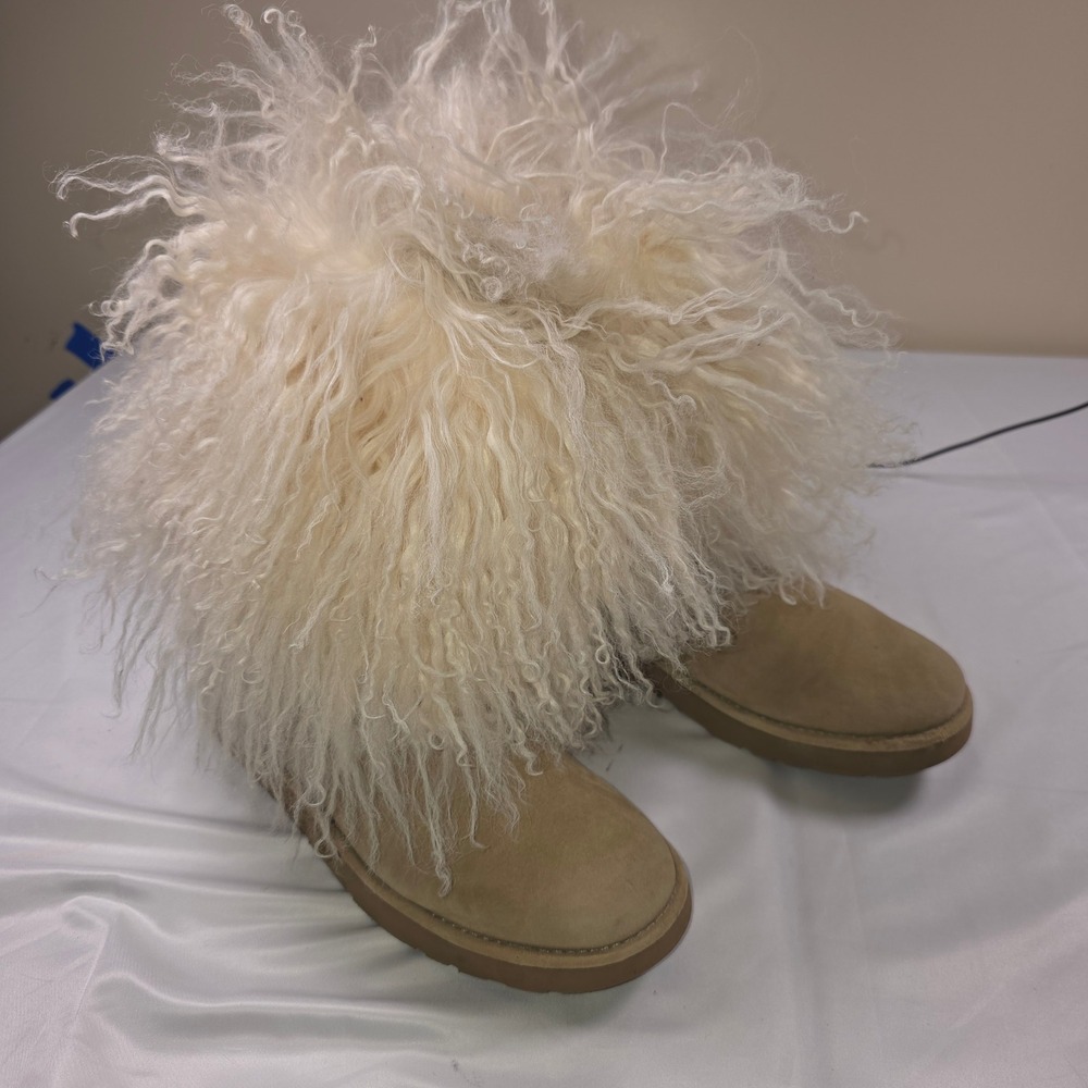 UGG Classic Short Mongolian Fur Boots Sand Tan Suede Shaggy 1017516 Womens 11